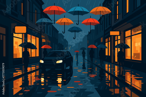 Rainy city street scene with colorful umbrellas and reflections