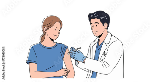 Illustration of a healthcare worker giving a woman a shot of vaccine in her arm, on a plain transparent background.