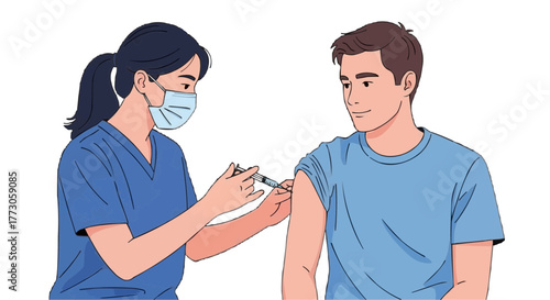 A masked nurse gives a vaccine injection to a man in a blue t-shirt, ensuring health and protection against illness.