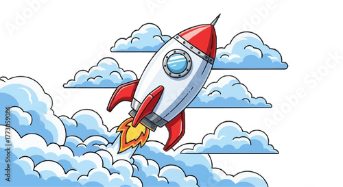 A cartoon rocket flies into the sky leaving a trail of flames and smoke, with many clouds on the transparent background.