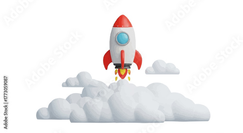 A vibrant 3D cartoon rocket ship soaring into the sky amidst fluffy clouds, symbolizing ambition and innovation.