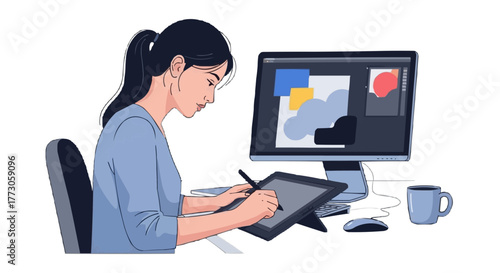 Concentrated graphic designer uses a tablet to create compelling visuals, fueled by a calming cup of coffee near her screen.