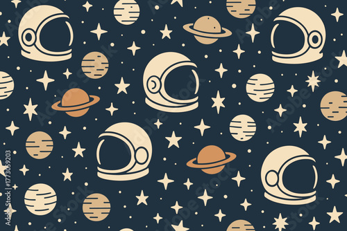 Seamless retro space pattern with planets, stars, and astronaut helmets
