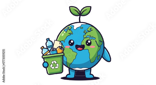 Cartoon Earth character promoting recycling with a green bin filled with recyclable materials and a sprout on its head.