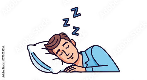 A cartoon man sleeps soundly on a white pillow, a sky-blue pajama shirt on, zzz's floating above him in the cartoon style.