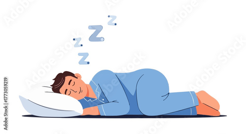 A person sound asleep, dreaming peacefully on a fluffy pillow, surrounded by floating 'Z's, in a cozy bedroom.