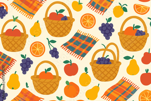 Cozy picnic fruit pattern with warm rustic colors