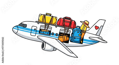 Cartoon airplane loaded with luggage and a heart on the tail, symbolizing travel and vacations in an illustrative way.