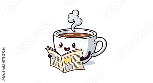 A cheerful cartoon coffee cup, steam curling gently, engrossed in reading a newspaper with a smile on a transparent background.