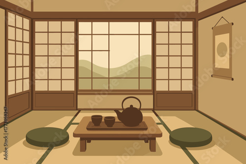 Traditional Japanese tea room with tatami mats and tea set