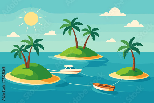 Tropical islands with boats and palm trees on a sunny day
