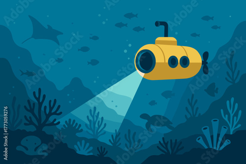 Yellow submarine exploring the ocean floor with sea creatures