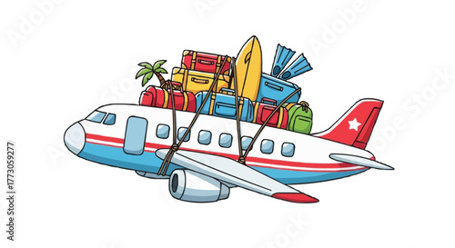 Cartoon airplane overloaded with vacation gear: luggage, surfboard, flippers, and even a small palm tree!