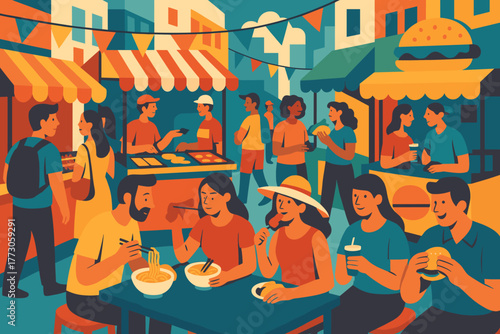 Vibrant street food market with people enjoying diverse cuisines