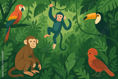 Cartoon jungle scene with monkeys and tropical birds