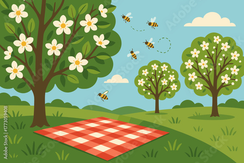 Vibrant picnic scene with bees buzzing around blooming trees and a checkered blanket in a sunny meadow