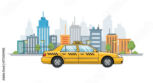 A vibrant yellow taxi speeds through a bustling cityscape, symbolizing urban life and transportation efficiency.
