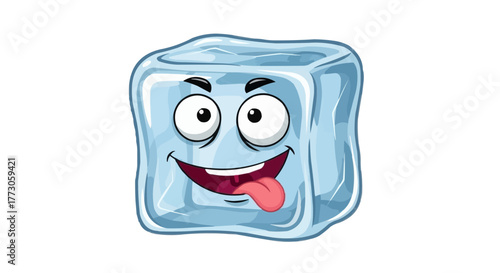 Animated ice cube character with funny face, googly eyes, and sticking its tongue out. Funny and light-hearted visual.