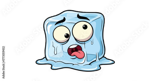 Cartoon ice cube melting and sticking its tongue out, its eyes wide in disbelief and showing a worried expression.