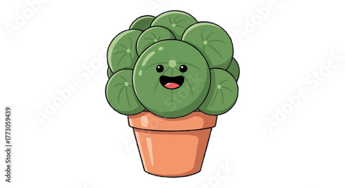 A cute cartoon plant with round leaves and a happy face sits in an orange pot on a plain transparent background.
