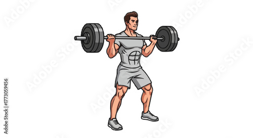 Cartoon athlete performing a heavy barbell squat for strength training, focusing on his legs and core muscles.
