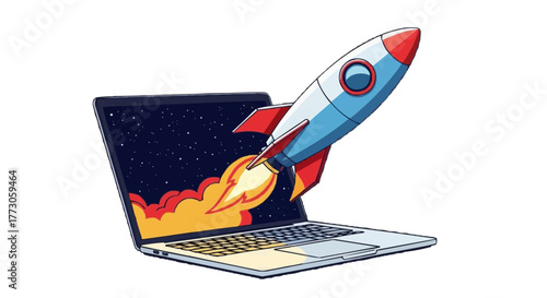 A rocket takes off from a laptop screen showing a night sky, symbolizing rapid digital growth and innovation online.