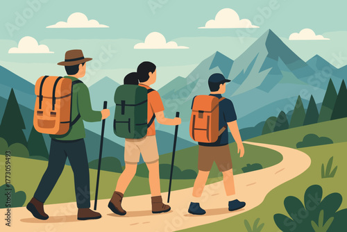 Group of hikers enjoying a scenic trail in the mountains during a bright sunny day