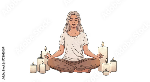 Serene woman meditating in lotus position surrounded by lit candles, radiating peace and tranquility, enhancing mindfulness.