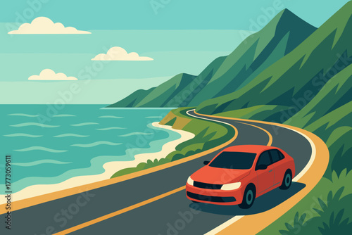 Scenic coastal road with a red car driving along the shore and mountains in the background