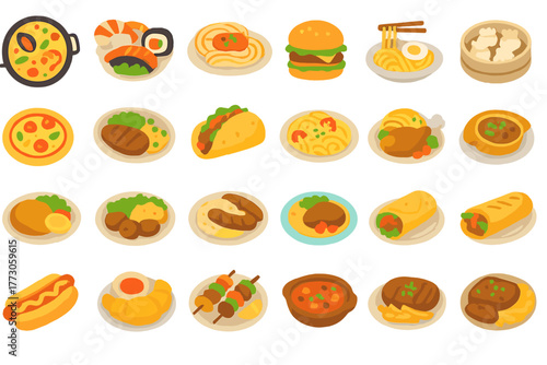 Variety of delicious international dishes served on plates with vibrant colors and appealing designs