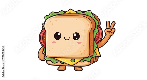 A whimsical cartoon sandwich with a cute face and a peace sign, ready for a lunchtime adventure. 