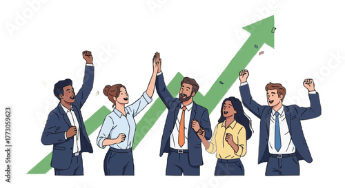 A group of diverse business professionals celebrate success as a green upward arrow shows positive direction and growth.