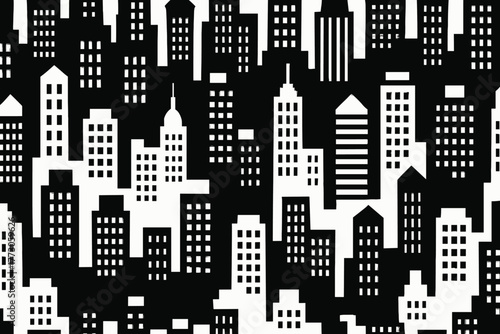 Urban skyline silhouette featuring skyscrapers and buildings in black and white design