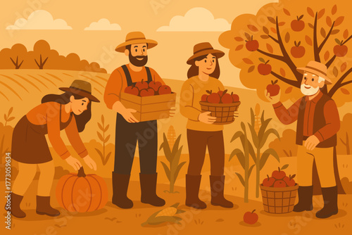 Celebrate the harvest season with friends in a colorful farm scene featuring apple picking and pumpkin gathering