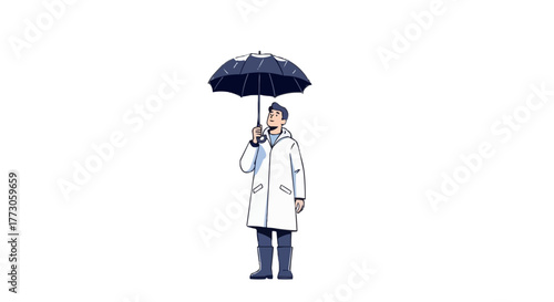 Illustration of a person standing in rain gear holding an umbrella, facing the viewer on a transparent background.