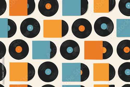 Design of colorful vinyl records and album covers on a light background for music lovers and collectors