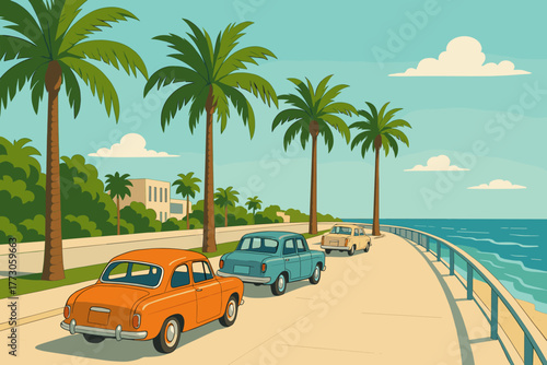 Vintage cars drive along a sunny coastal road lined with palm trees on a clear day
