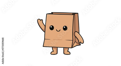 A cute paper bag character with a friendly face, standing with arms out, ready to greet or offer a warm embrace.