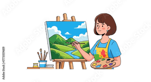 A woman with an apron painting a scenic landscape with hills, a river, and fluffy clouds on a bright sunny day.