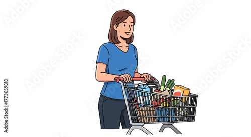 A woman with short brown hair happily pushes a shopping cart, full of groceries, ready to get going. 