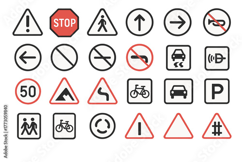 Traffic sign collection featuring varied symbols indicating road rules and safety measures
