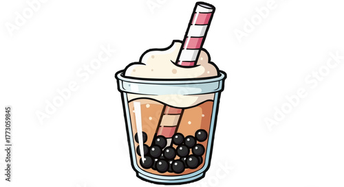 A delightful cup of bubble tea with black boba pearls, topped with whipped cream and a striped straw - a cool treat.