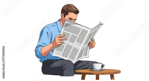 A relaxed gentleman immersed in the daily news, enjoying a cup of coffee in a serene atmosphere.