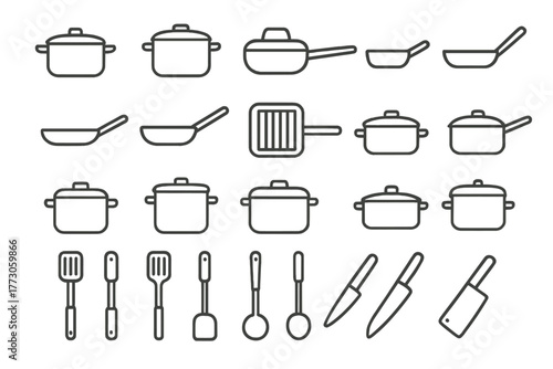 Various cooking pots, pans, and utensils displayed in a neat layout for kitchen use and culinary activities
