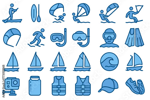 Exploring water sports with icons representing various activities in a beach setting