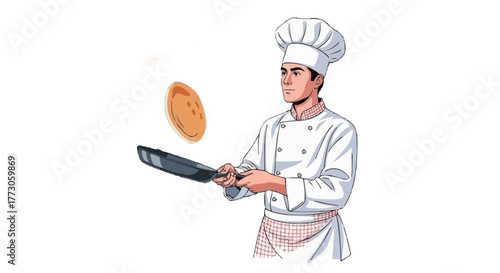 An artistic illustration of a chef flipping pancakes and a burger in a pan with finesse and culinary skill.
