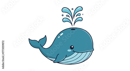 A friendly whale illustration spouting water, with a cute, simplistic design on a solid transparent background.