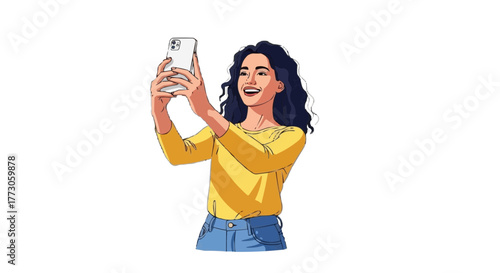 A young woman in a yellow top smiles brightly as she takes a selfie with her phone against a stark transparent background.