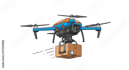 A vibrant drone, painted in blue and orange, efficiently delivers a cardboard box against a solid transparent background.