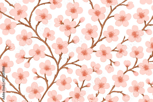 Delicate pink cherry blossom pattern on a white background capturing the essence of spring in nature's beauty